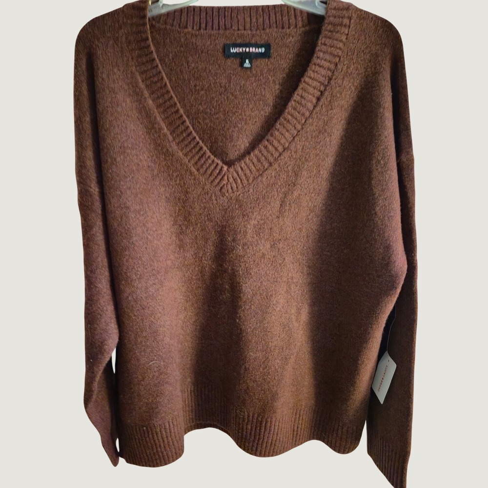 Lucky Brand Sweater Womens XL Burgundy V-Neck Knit Pullover Deep Wine New Preppy
